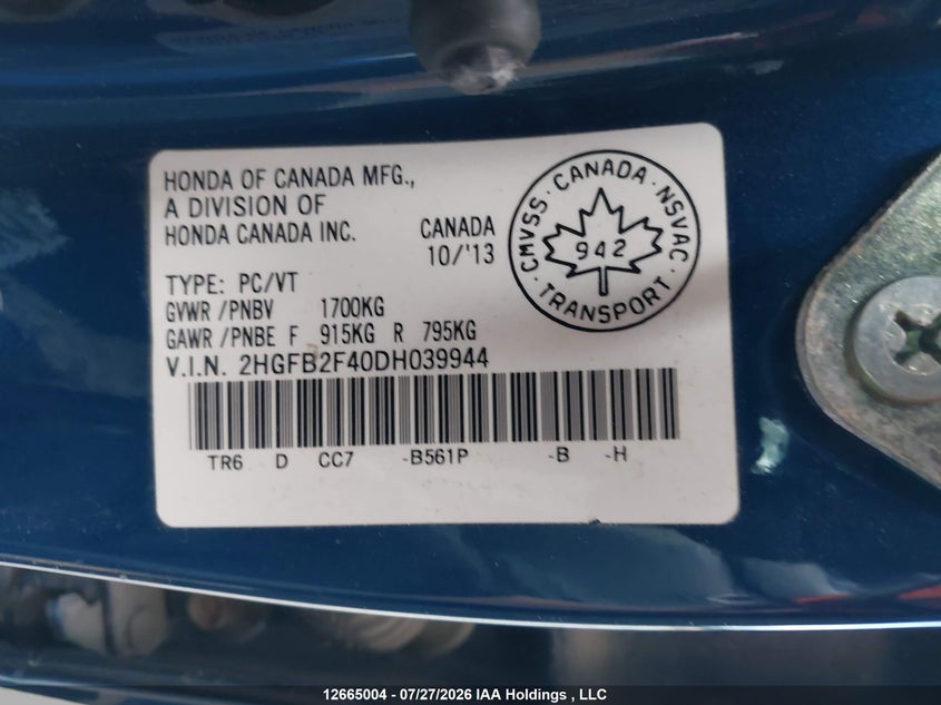 2013 HONDA CIVIC SEDAN 1.8L I-4 VVT, 140HP