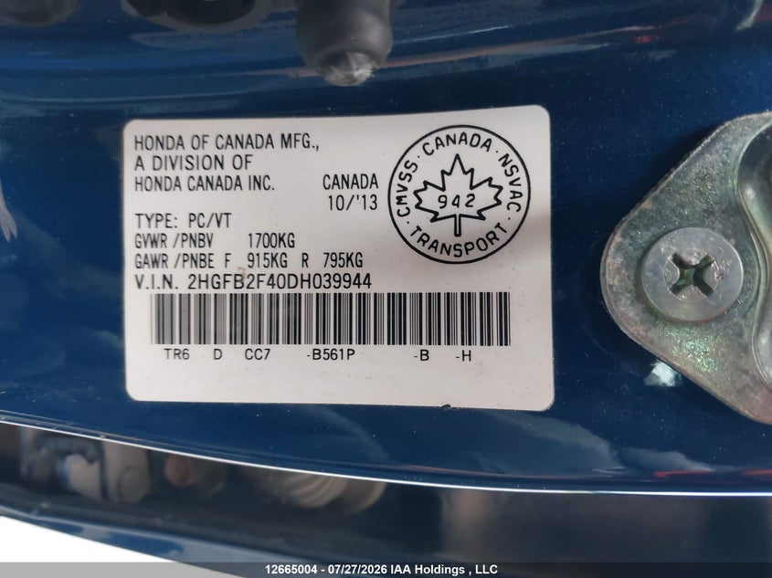 2013 HONDA CIVIC SEDAN 1.8L I-4 VVT, 140HP