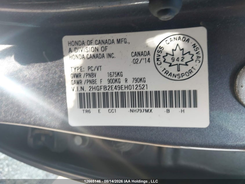 2014 HONDA CIVIC SEDAN 1.8L I-4 VVT, 143HP