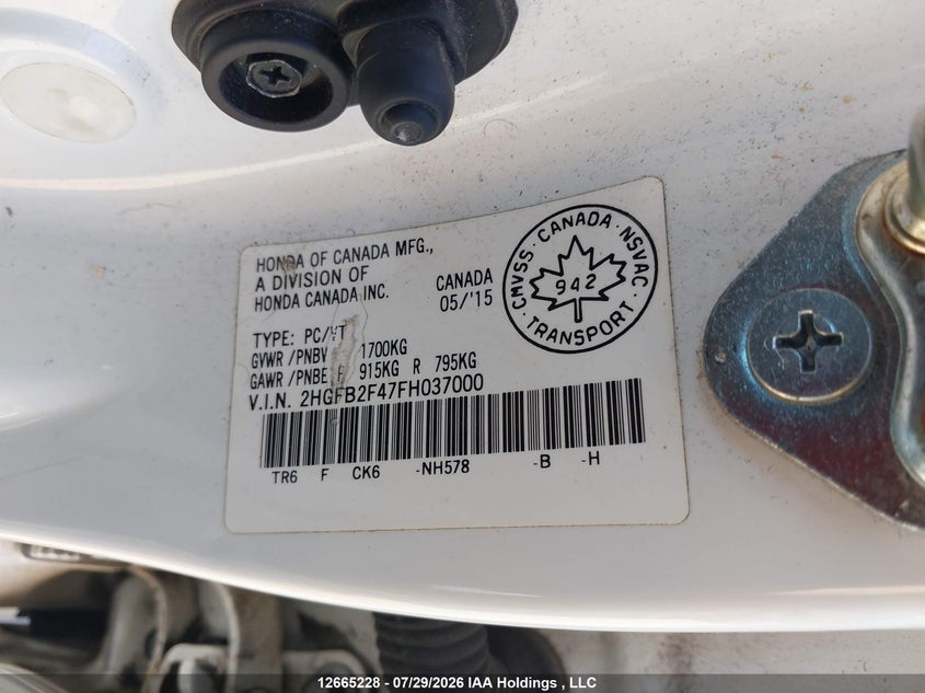 2015 HONDA CIVIC SEDAN 1.8L I-4 VVT, 143HP
