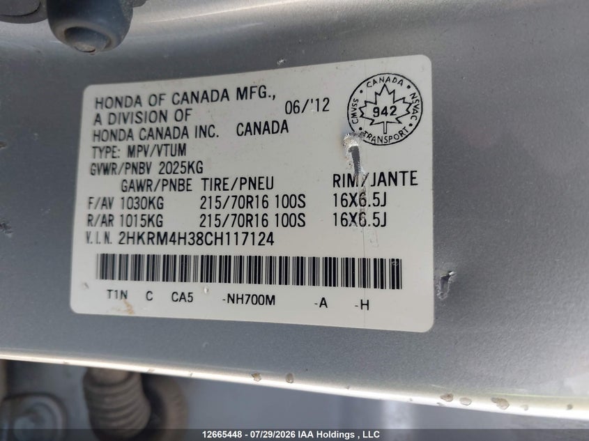 2012 HONDA CR-V SPORT UTILITY VEHICLE 2.4L I-4 DOHC, VVT, 185HP