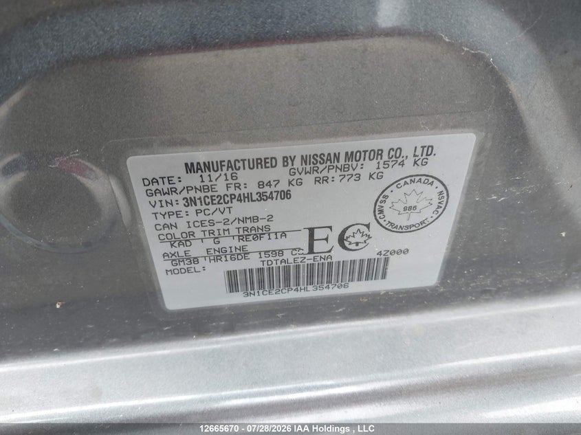 2017 NISSAN VERSA HATCHBACK 1.6L I4 FI DOHC 16V NF4