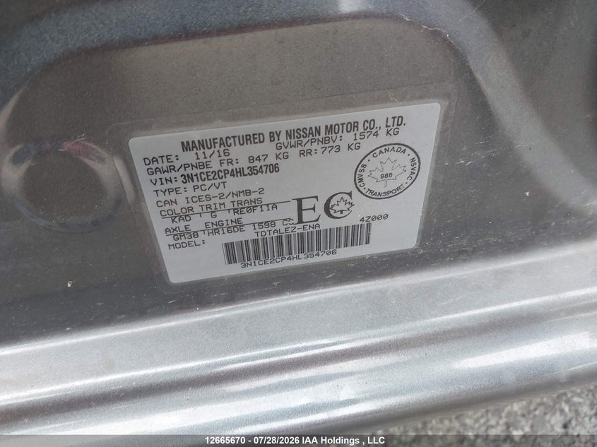 2017 NISSAN VERSA HATCHBACK 1.6L I4 FI DOHC 16V NF4