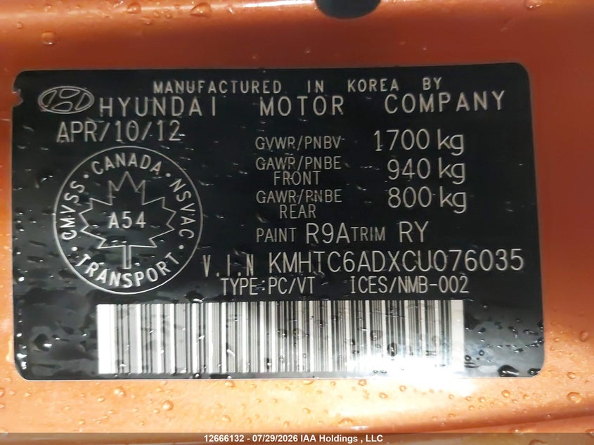 2012 HYUNDAI VELOSTER COUPE 1.6L I-4 DI, DOHC, VVT, 138HP