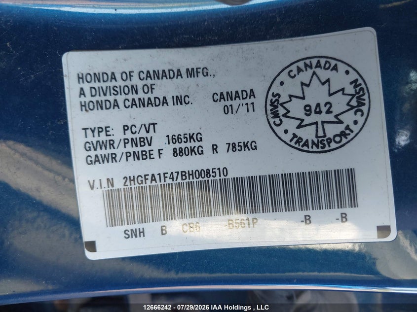 2011 HONDA CIVIC SEDAN 1.8L I4 FI SOHC 16V NF4