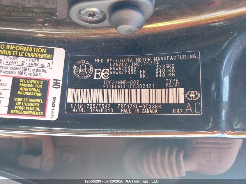 2015 TOYOTA COROLLA SEDAN 1.8L I-4 DOHC, VVT, 132HP