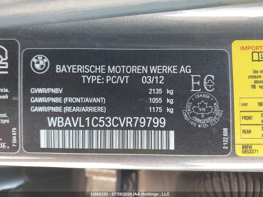 2012 BMW X1 SPORT UTILITY VEHICLE 2.0L I-4 DI, DOHC, VVT, TURBO, 241HP