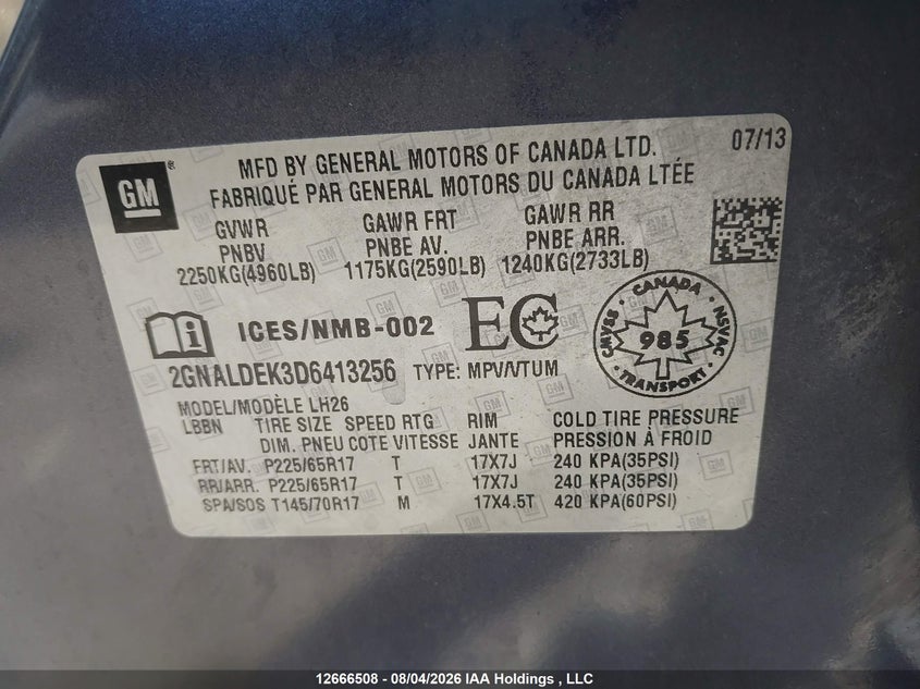 2013 CHEVROLET EQUINOX SPORT UTILITY VEHICLE 2.4L I4 FI DOHC 16V NF4