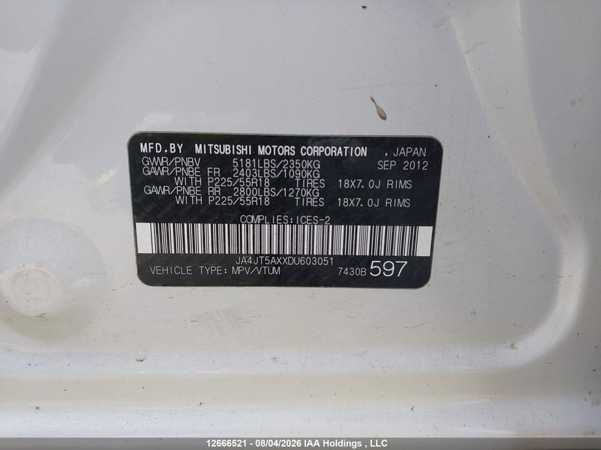 2013 MITSUBISHI OUTLANDER SPORT UTILITY VEHICLE 3.0L V-6 VVT, 230HP