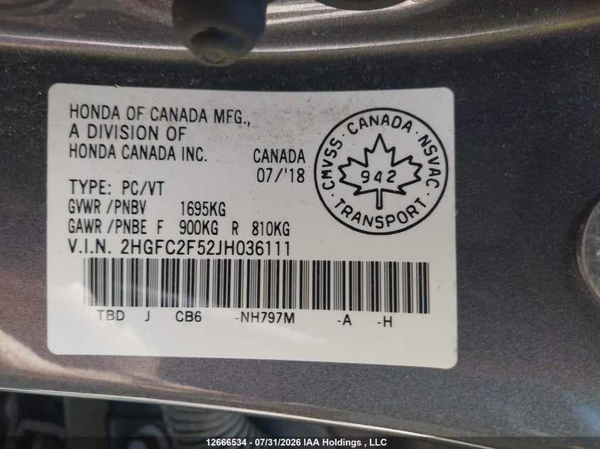 2018 HONDA CIVIC SEDAN 2.0L I-4 DOHC, VVT, 158HP