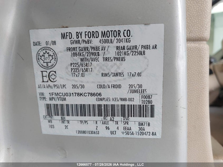 2008 FORD ESCAPE SPORT UTILITY VEHICLE 3.0L V-6 DOHC, 200HP