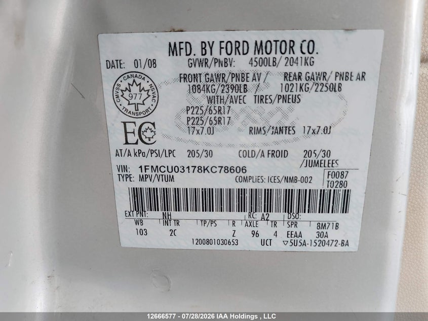 2008 FORD ESCAPE SPORT UTILITY VEHICLE 3.0L V-6 DOHC, 200HP
