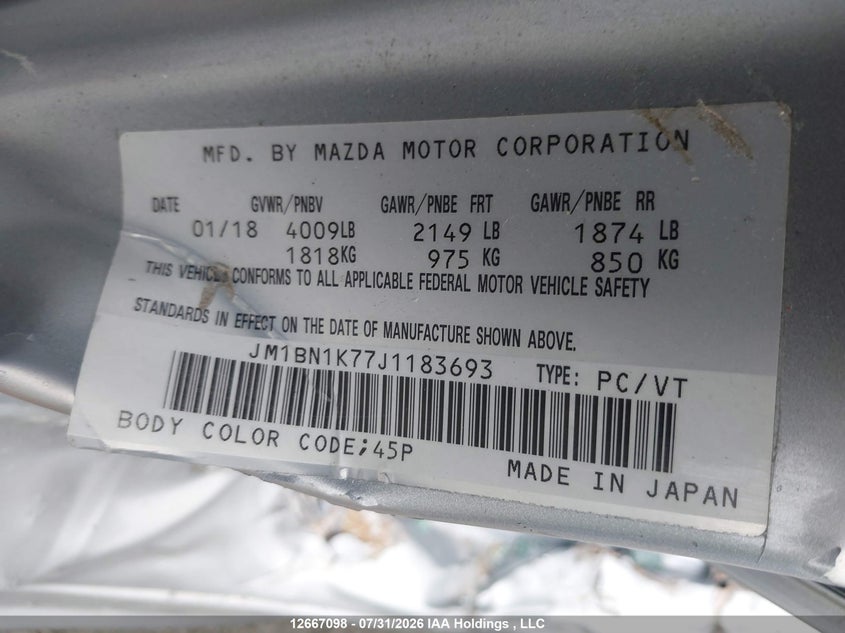 2018 MAZDA 3 SEDAN 2.0L I-4 DI, DOHC, VVT, 156HP
