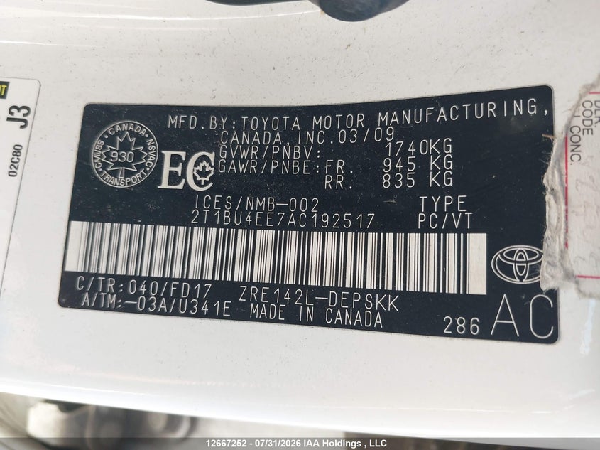 2010 TOYOTA COROLLA SEDAN 1.8L I-4 DOHC, VVT, 132HP
