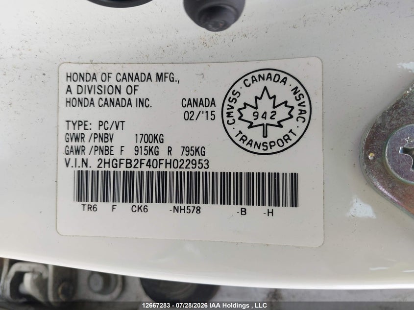 2015 HONDA CIVIC SEDAN 1.8L I-4 VVT, 143HP
