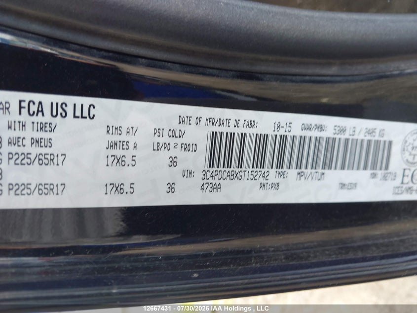 2016 DODGE JOURNEY SPORT UTILITY VEHICLE 2.4L I-4 DOHC, VVT, 173HP