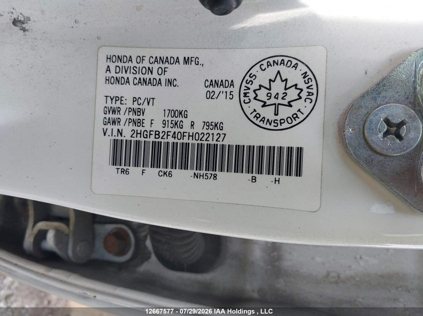 2015 HONDA CIVIC SEDAN 1.8L I-4 VVT, 143HP