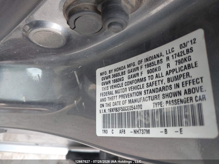 2012 HONDA CIVIC SEDAN 1.8L I-4 VVT, 140HP