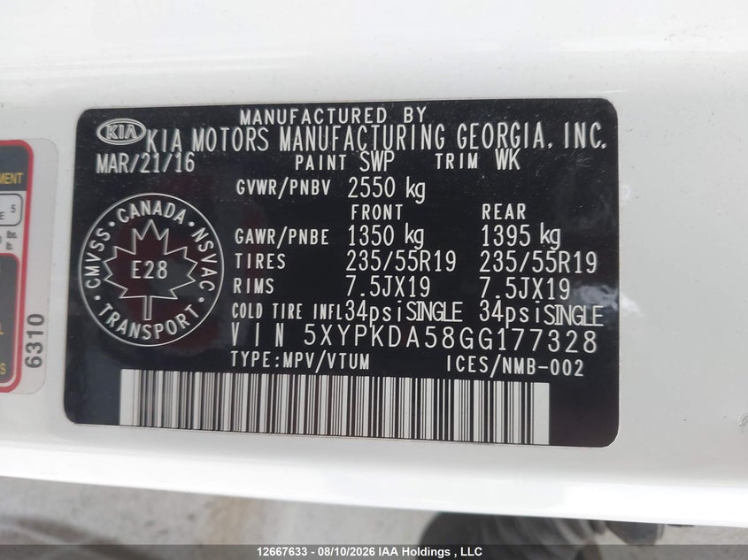 2016 KIA SORENTO SPORT UTILITY VEHICLE 3.3L V-6 DI, DOHC, VVT, 290HP