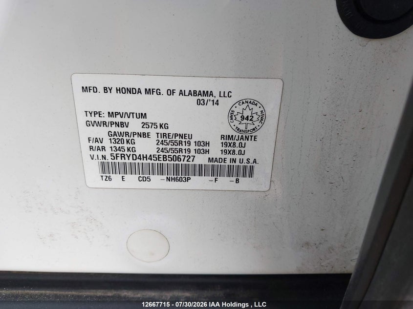 2014 ACURA MDX SPORT UTILITY VEHICLE 3.5L V6 FI SOHC 24V NF4