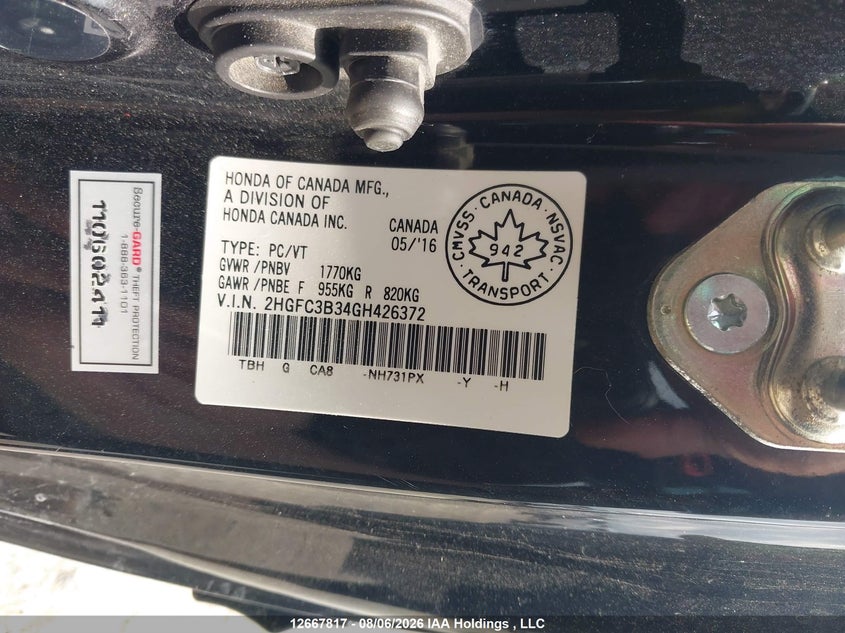 2016 HONDA CIVIC SEDAN 1.5L I4 FI DOHC 16V NF4