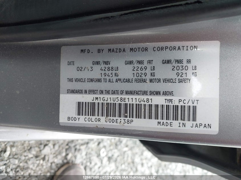 2014 MAZDA 6 SEDAN 2.5L I-4 DI, DOHC, VVT, 184HP