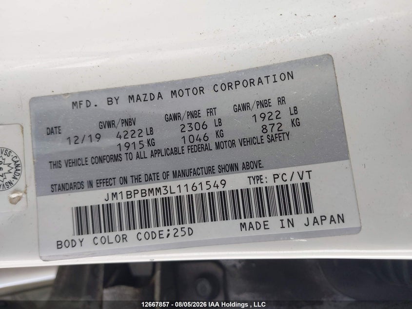 2020 MAZDA 3 SEDAN 2.5L I-4 DI, DOHC, VVT, 186HP