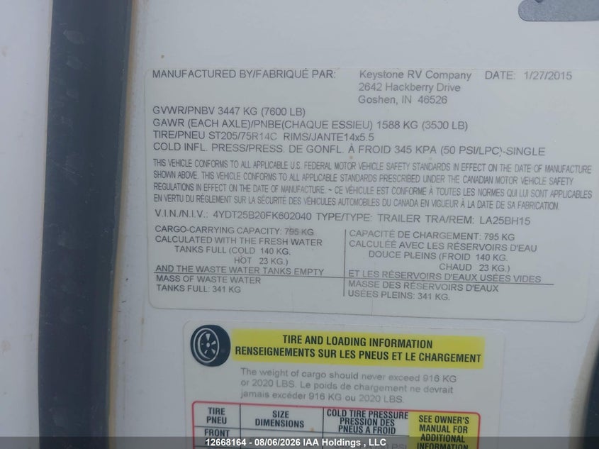 2015 OTHER KEYSTONE LAREDO TRAILER N/A