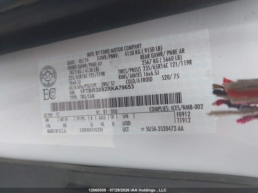 2024 FORD TRANSIT VAN 3.5L V-6 DI, DOHC, VVT, 275HP