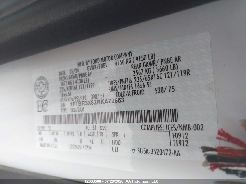 2024 FORD TRANSIT VAN 3.5L V-6 DI, DOHC, VVT, 275HP