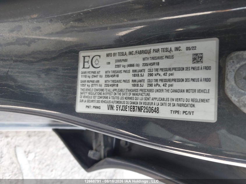 2022 TESLA MODEL 3 SEDAN ELECTRIC