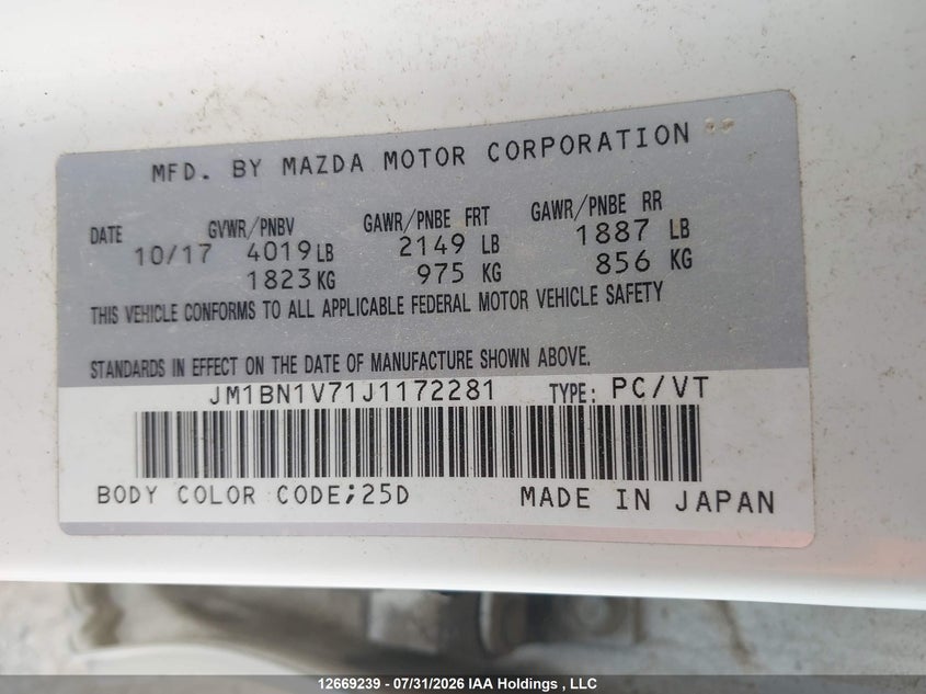 2018 MAZDA 3 HATCHBACK 2.0L I4 N