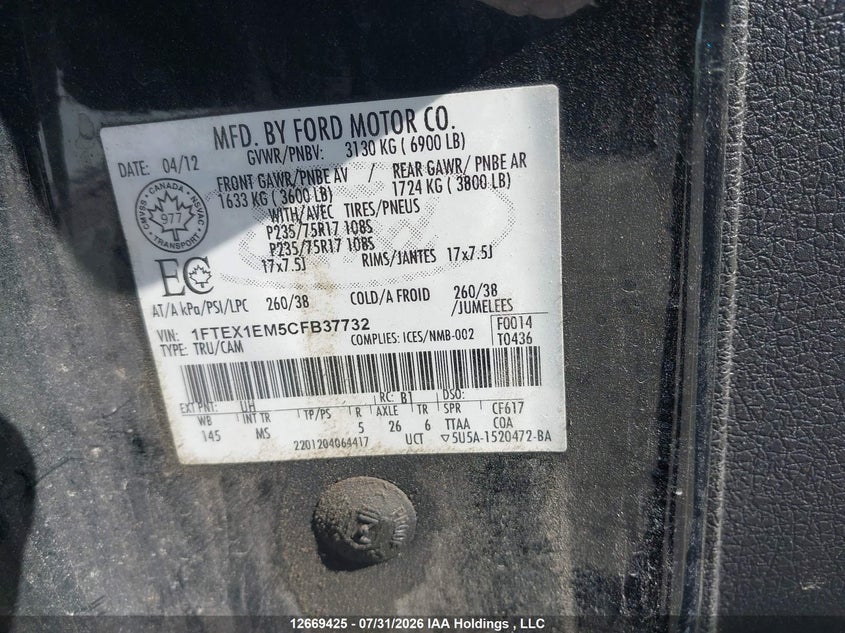 2012 FORD F150 SUPER CAB PICKUP 3.7L V-6 DOHC, VVT, 302HP