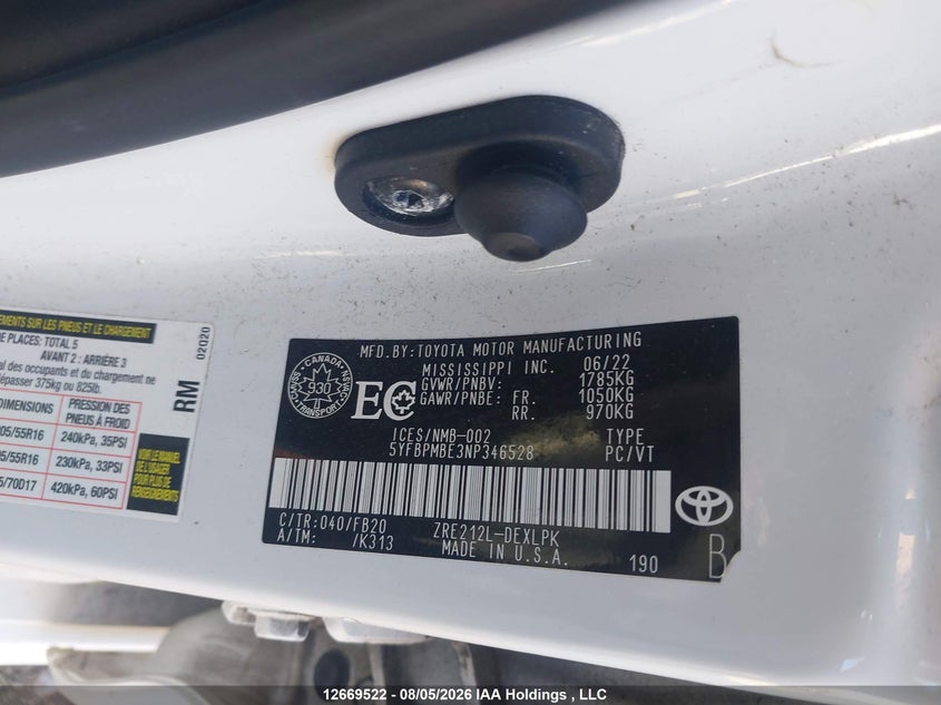 2022 TOYOTA COROLLA SEDAN 1.8L I-4 DOHC, VVT, 139HP