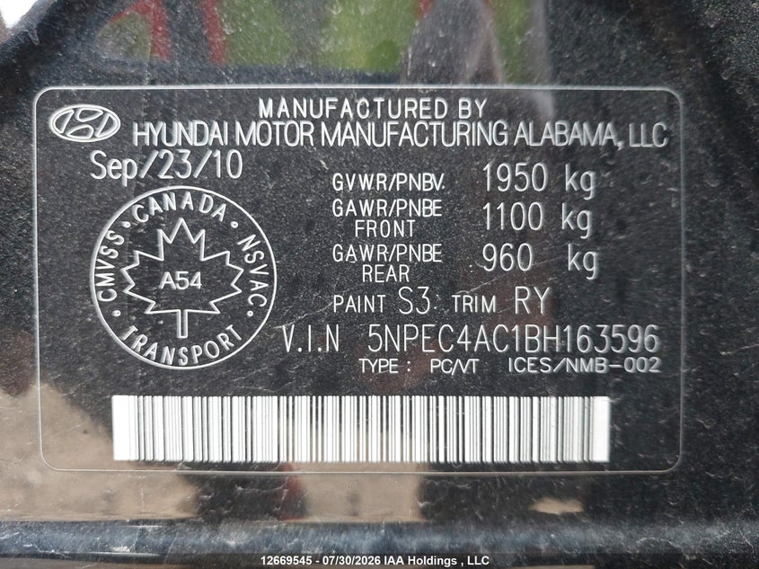 2011 HYUNDAI SONATA SEDAN 2.4L I-4 DI, DOHC, VVT, 198HP