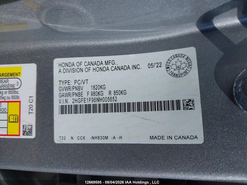 2022 HONDA CIVIC SEDAN 1.5L I-4 DI, DOHC, VVT, TURBO, 180HP