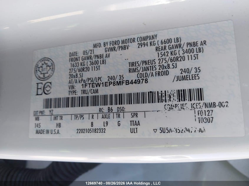 2021 FORD F-150 PICKUP 2.7L V-6 DI, DOHC, VVT, TURBO, 325HP