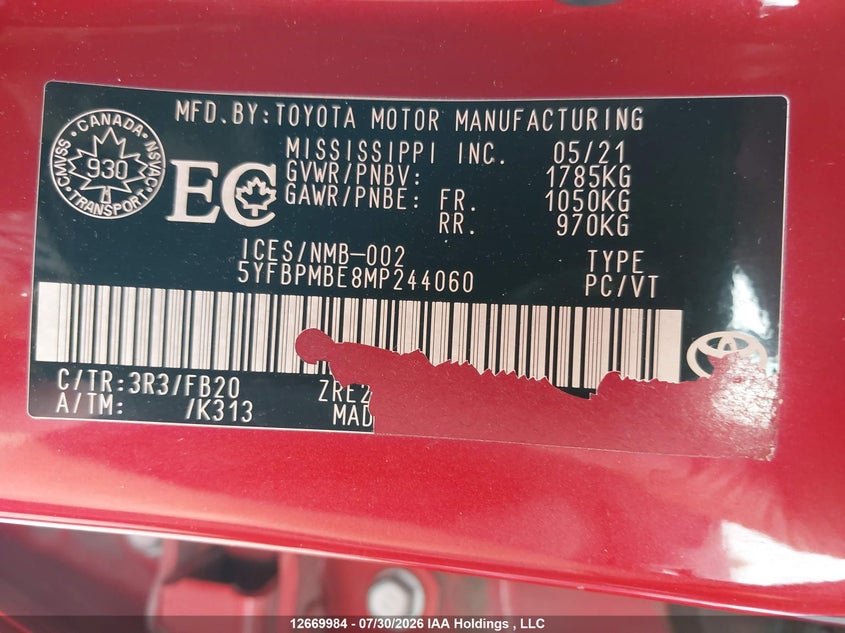 2021 TOYOTA COROLLA SEDAN 1.8L I-4 DOHC, VVT, 139HP