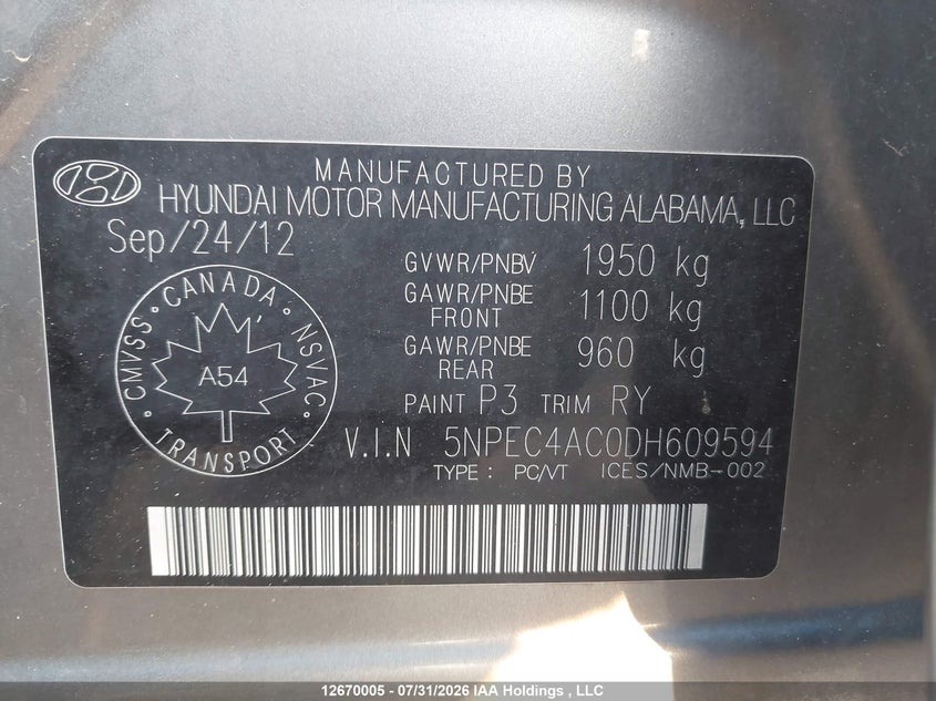 2013 HYUNDAI SONATA SEDAN 2.4L I-4 DI, DOHC, VVT, 198HP