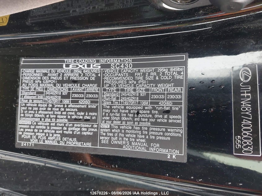 2004 LEXUS SC CABRIO 4.3L V-8 DOHC, VVT, 300HP