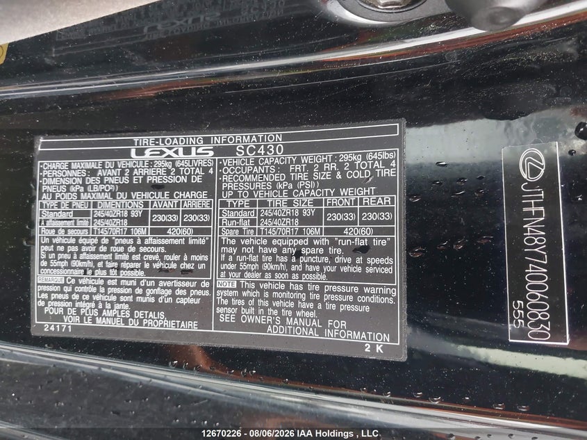 2004 LEXUS SC CABRIO 4.3L V-8 DOHC, VVT, 300HP