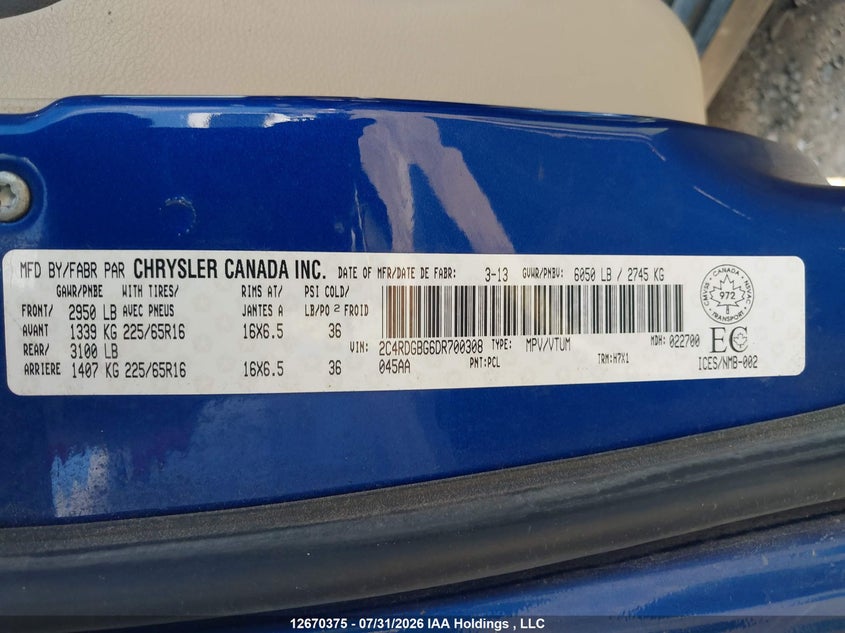 2013 DODGE CARAVAN VAN 3.6L V6 FI DOHC 24V NF4