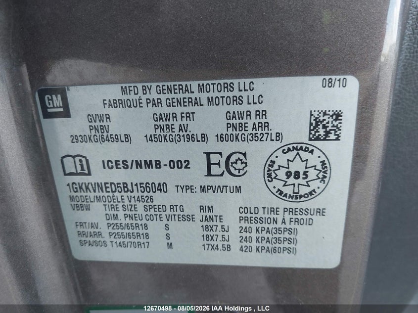 2011 GMC ACADIA SPORT UTILITY VEHICLE 3.6L V-6 DI, DOHC, VVT, 288HP