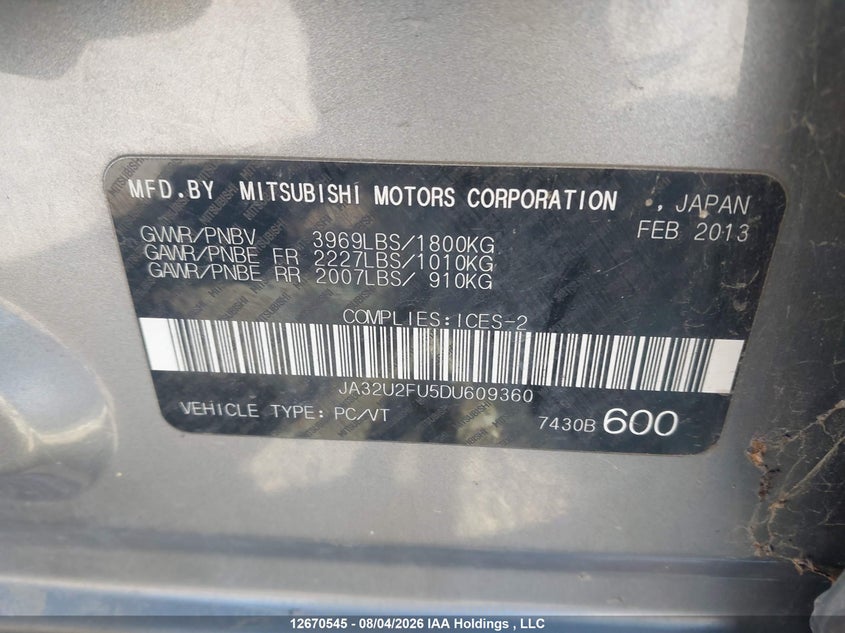 2013 MITSUBISHI LANCER SEDAN 2.0L I-4 DOHC, VVT, 148HP
