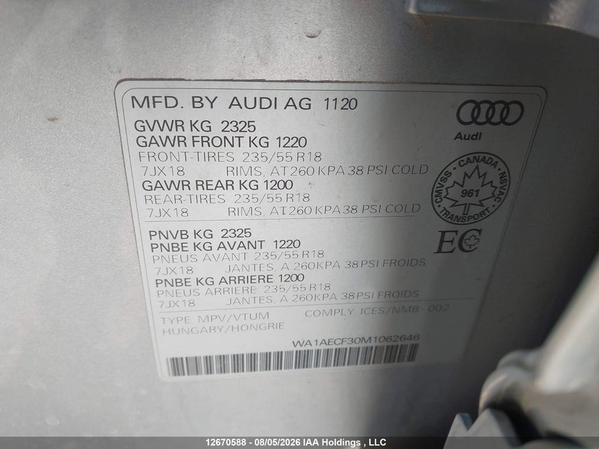 2021 AUDI Q3 SPORT UTILITY VEHICLE 2.0L I-4 DI, DOHC, VVT, TURBO, 228HP