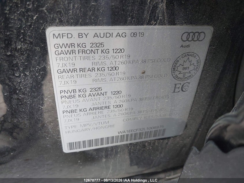2020 AUDI Q3 SPORT UTILITY VEHICLE 2.0L I4 N