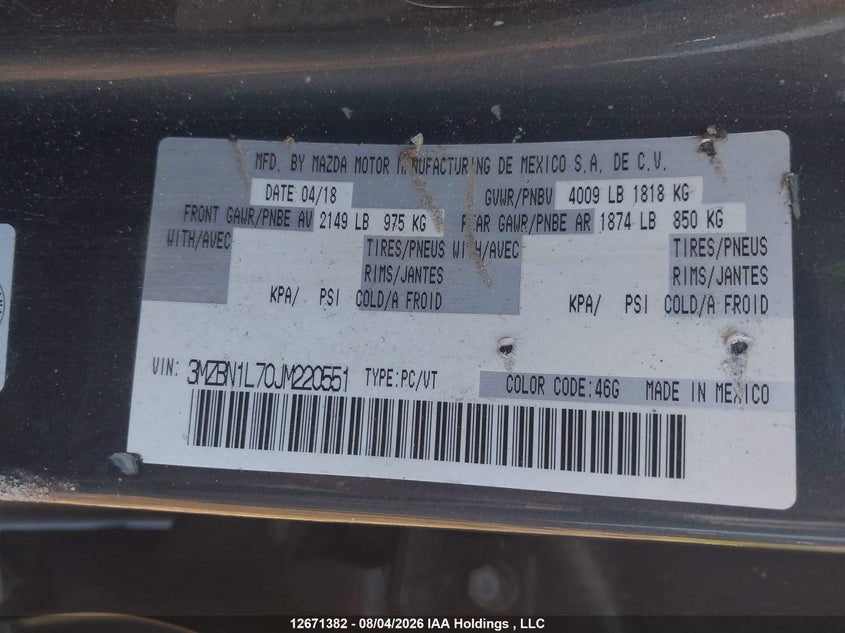 2018 MAZDA 3 SEDAN 2.0L I-4 DI, DOHC, VVT, 156HP