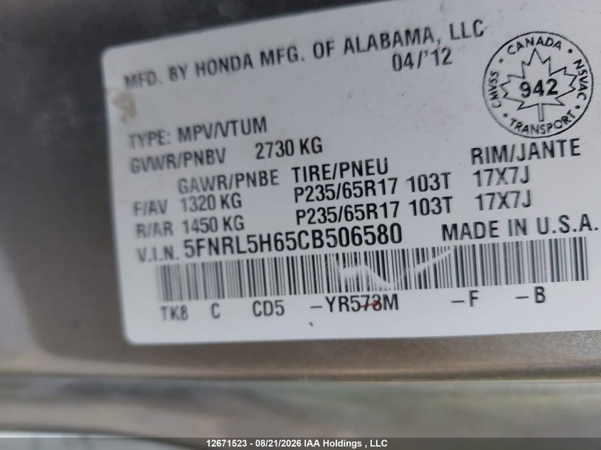 2012 HONDA ODYSSEY VAN 3.5L V6 FI SOHC 24V NF4