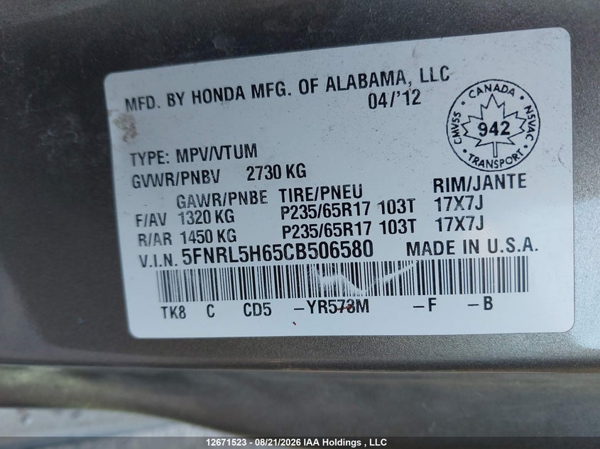 2012 HONDA ODYSSEY VAN 3.5L V6 FI SOHC 24V NF4