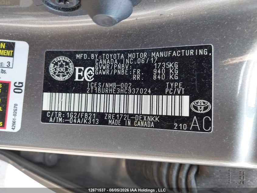 2017 TOYOTA COROLLA SEDAN 1.8L I-4 DOHC, VVT, 132HP